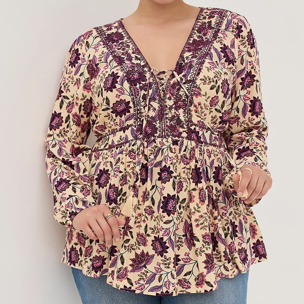 Torrid | Babydoll Floral Crepe Embroidered Lace Up Top